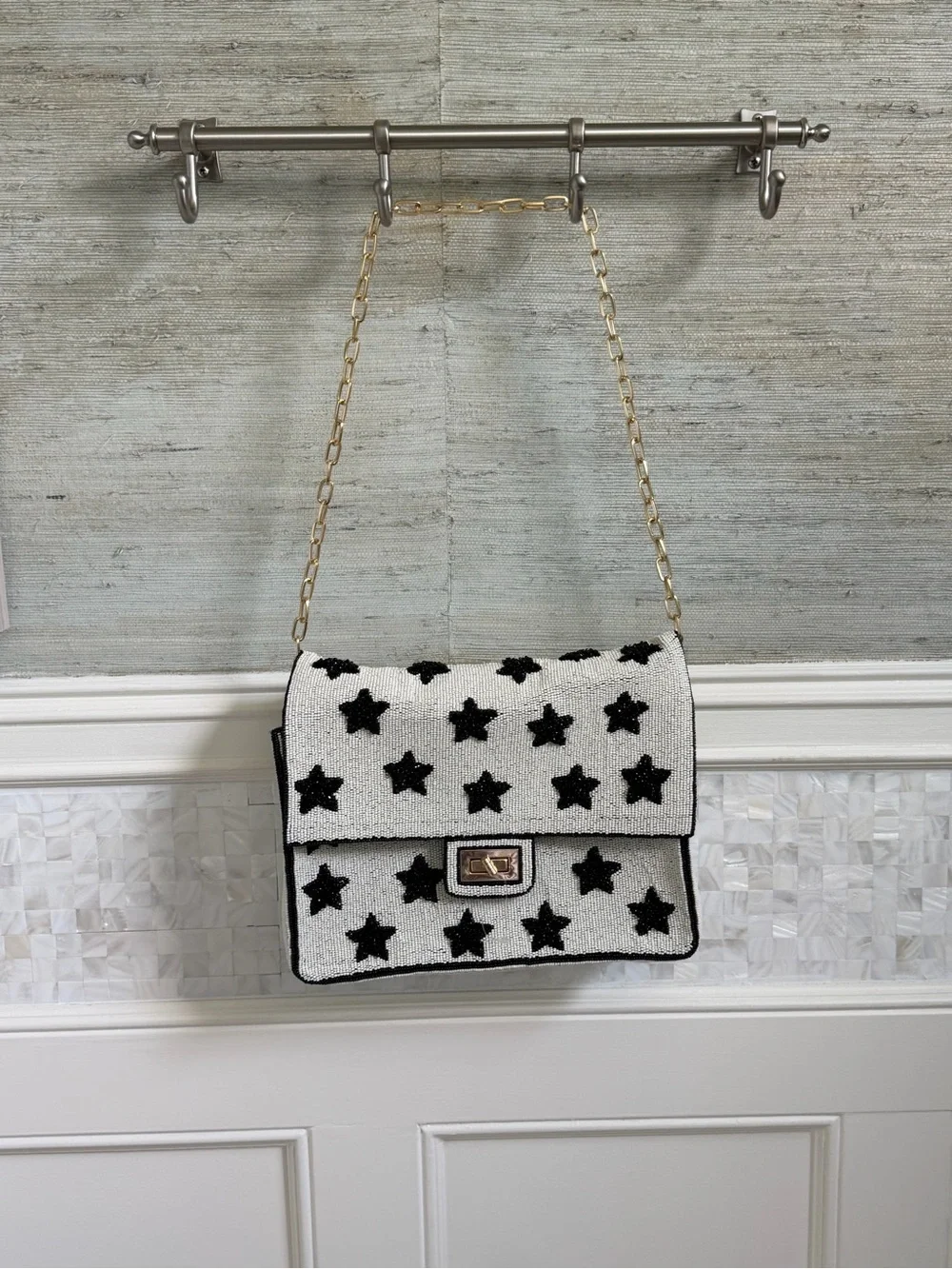 New Anthropologie oversized Maeve Beaded shoulder bag black stars white chain